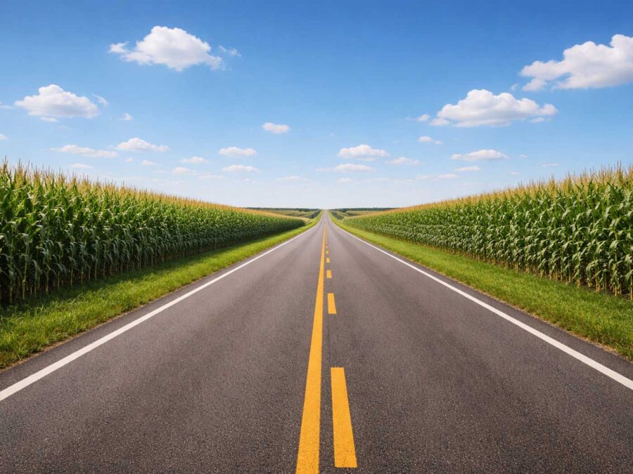 AI image of a country road, corn on both sides.