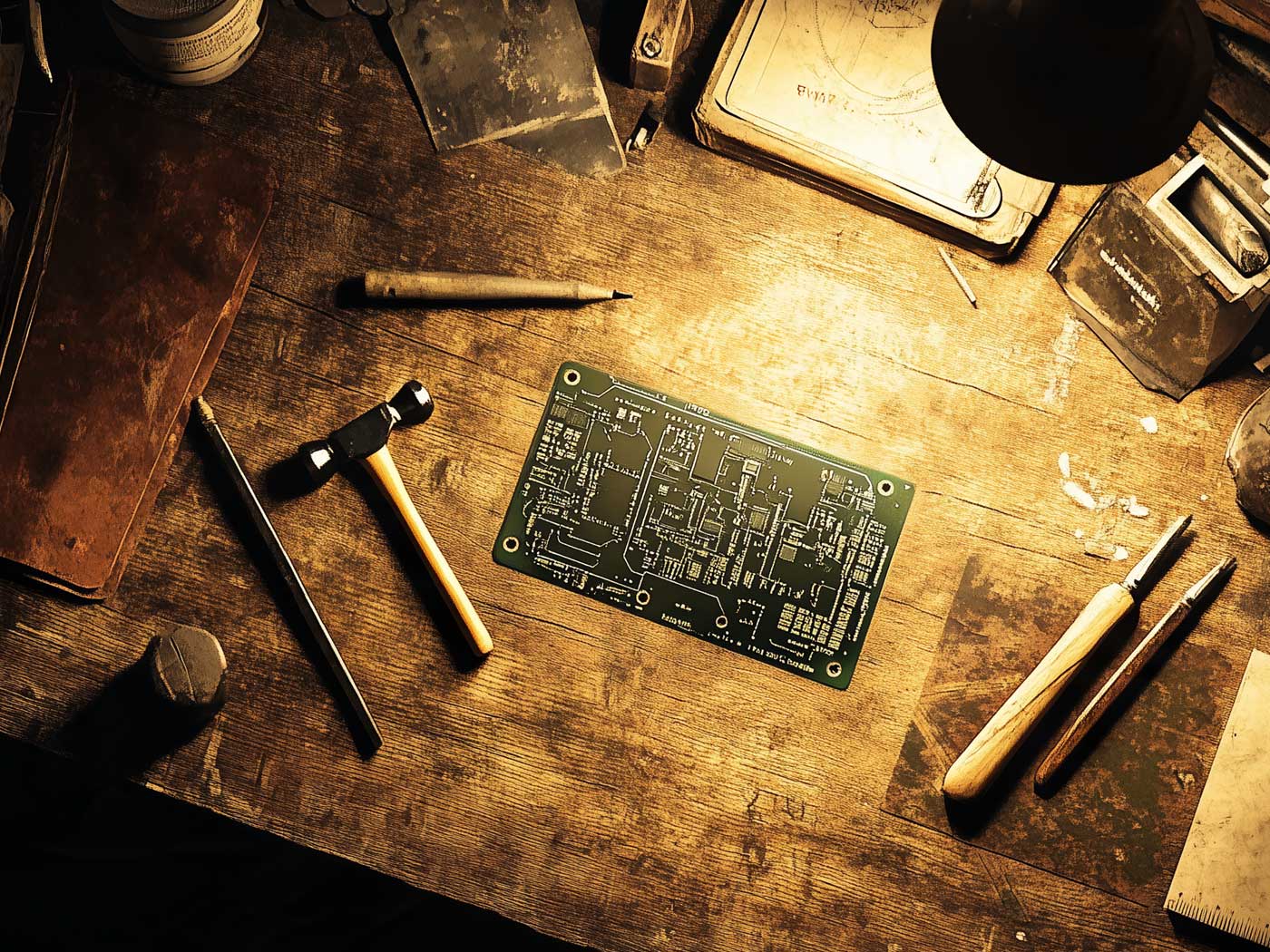 Workbench with craftsmans tools and a circuit board